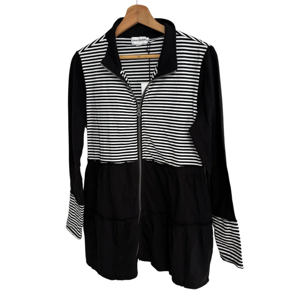 Neon Buddha black white stripes front row tiered ruffle zip up jacket pockets XS - Picture 10 of 15